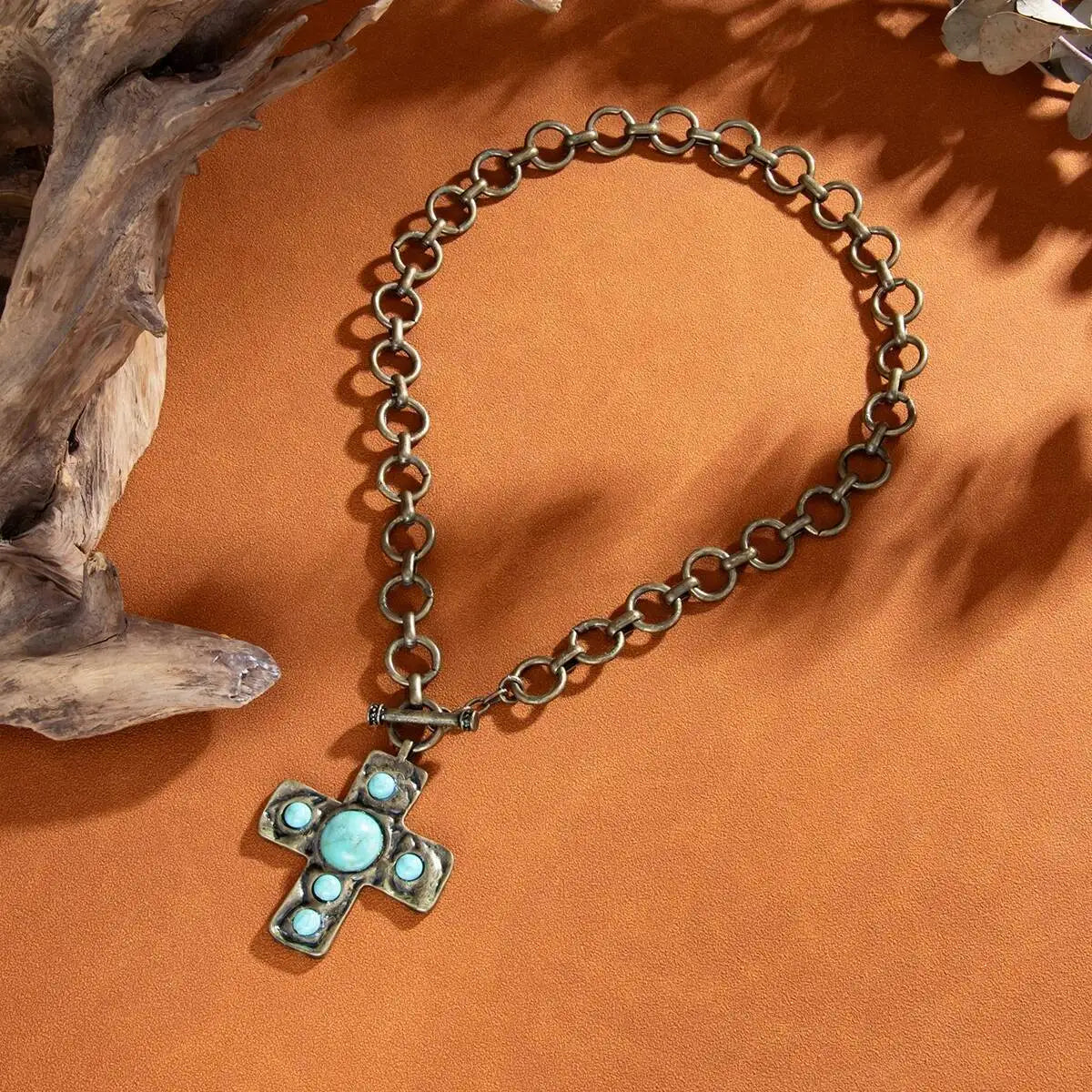 Vintage pärlkors halsband med toggle-lås