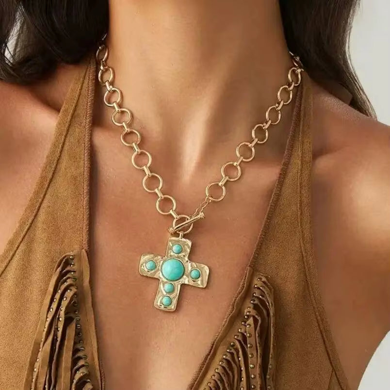 Vintage pärlkors halsband med toggle-lås