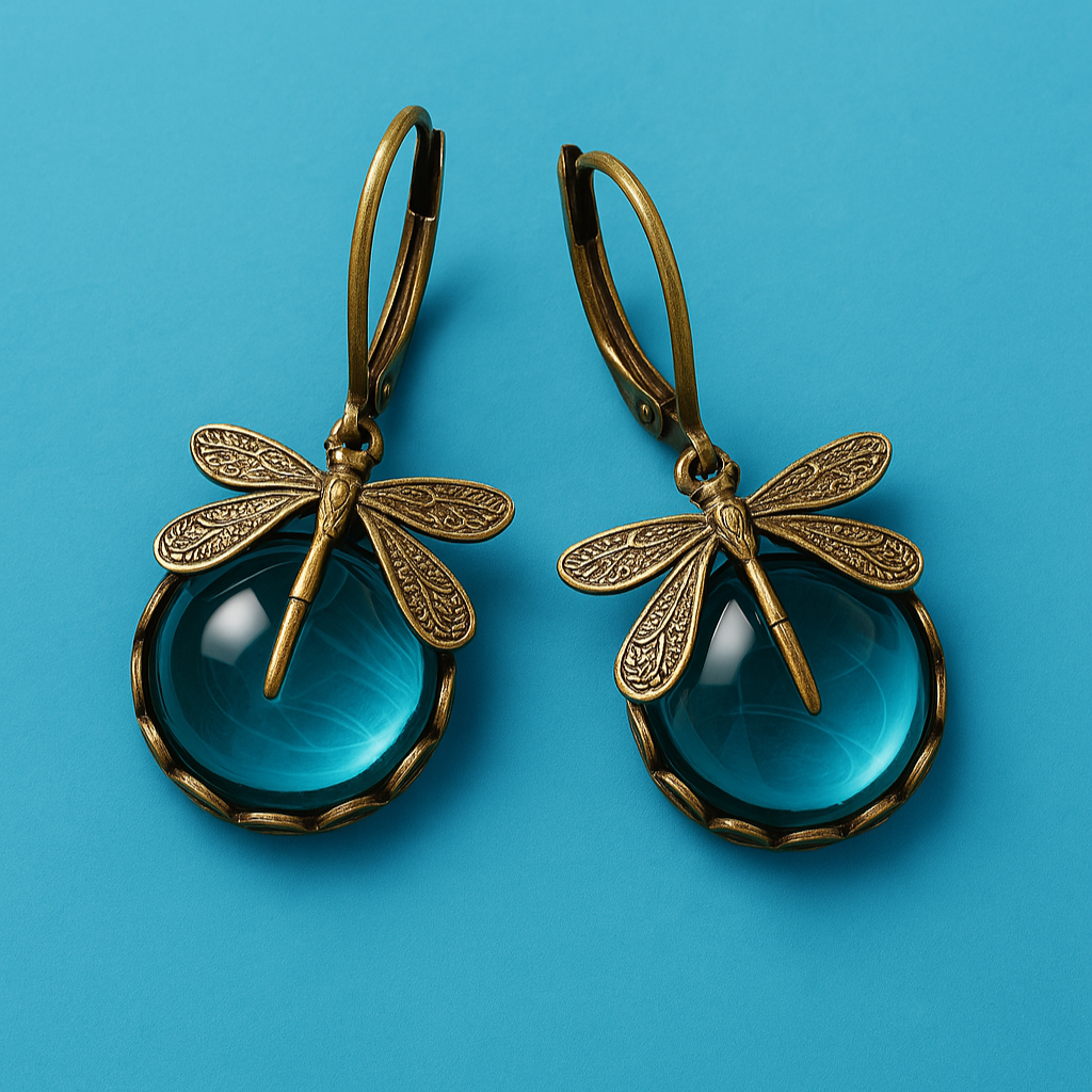 Bollformade trollsländeörhängen i antikguld – elegant vintage-look