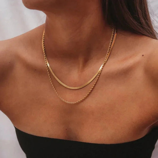 18K guld halsband i flera lager med herringbone- och repkedja