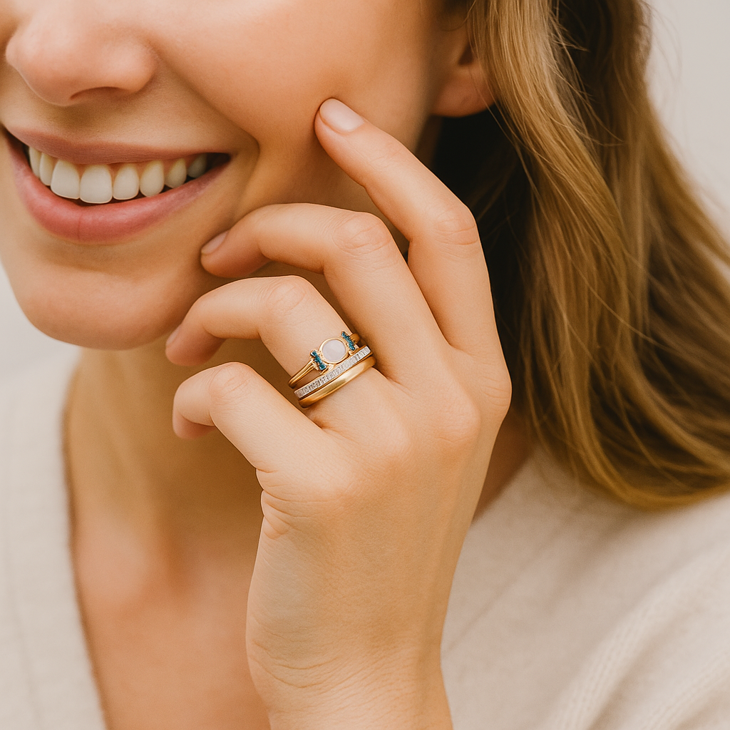 Theresa – Elegant guldring med skimrande opal och klara konturer.