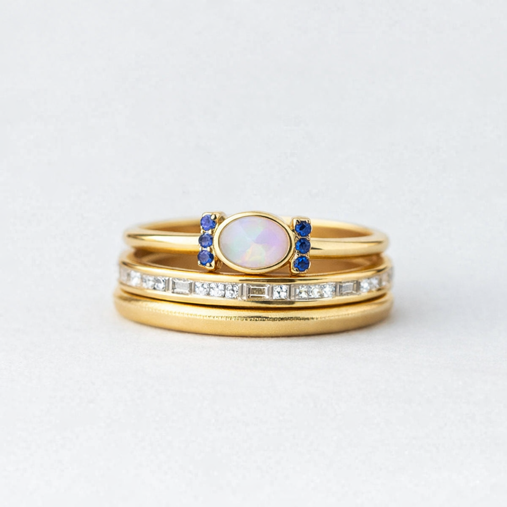 Theresa – Elegant guldring med skimrande opal och klara konturer.