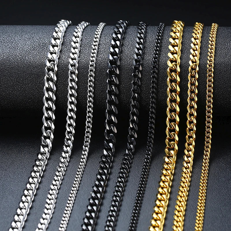 3-11MM Classic Cuban Chain Necklace for Men Women,Silver Black Gold Grey Color Stainless Steel Chains,Basic Punk Jewelry Gift